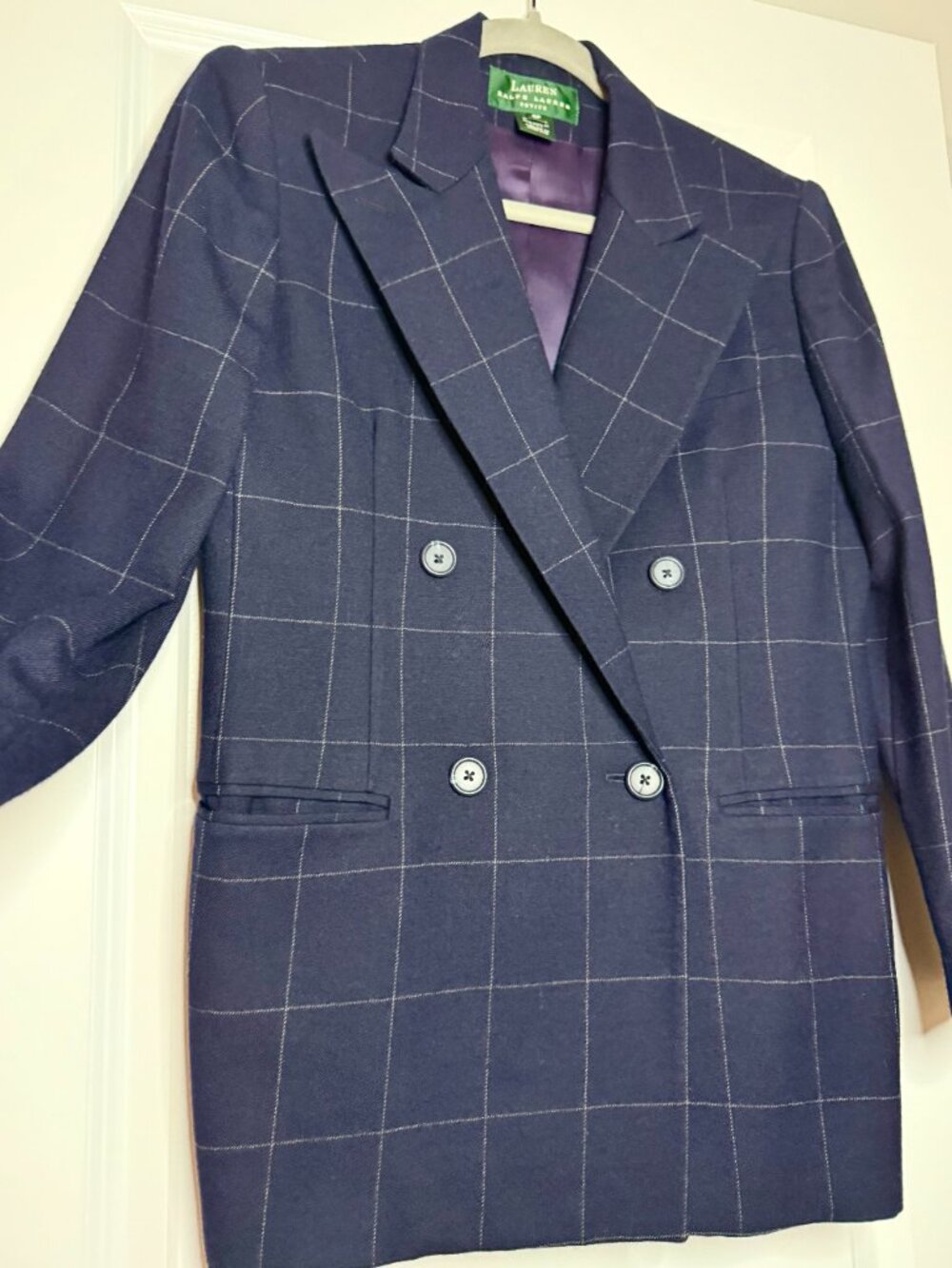 Ralph Lauren Navy Window Pane Check Double Breasted Wool Blazer Jacket SZ: 6P